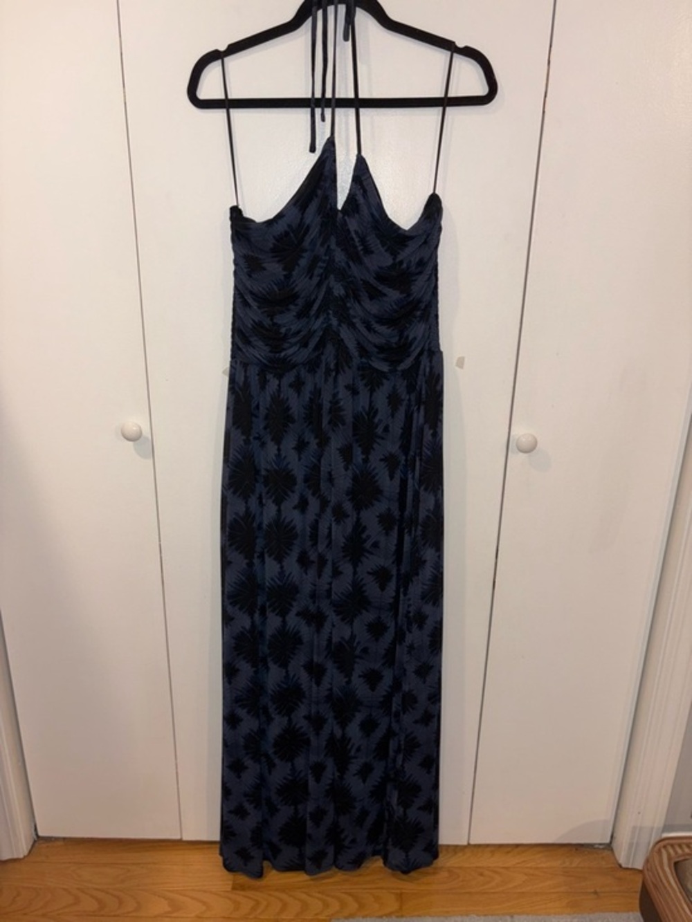 Evereve Noa Maxi Dress Blue Abstract Print Smocked Mesh Pockets XL